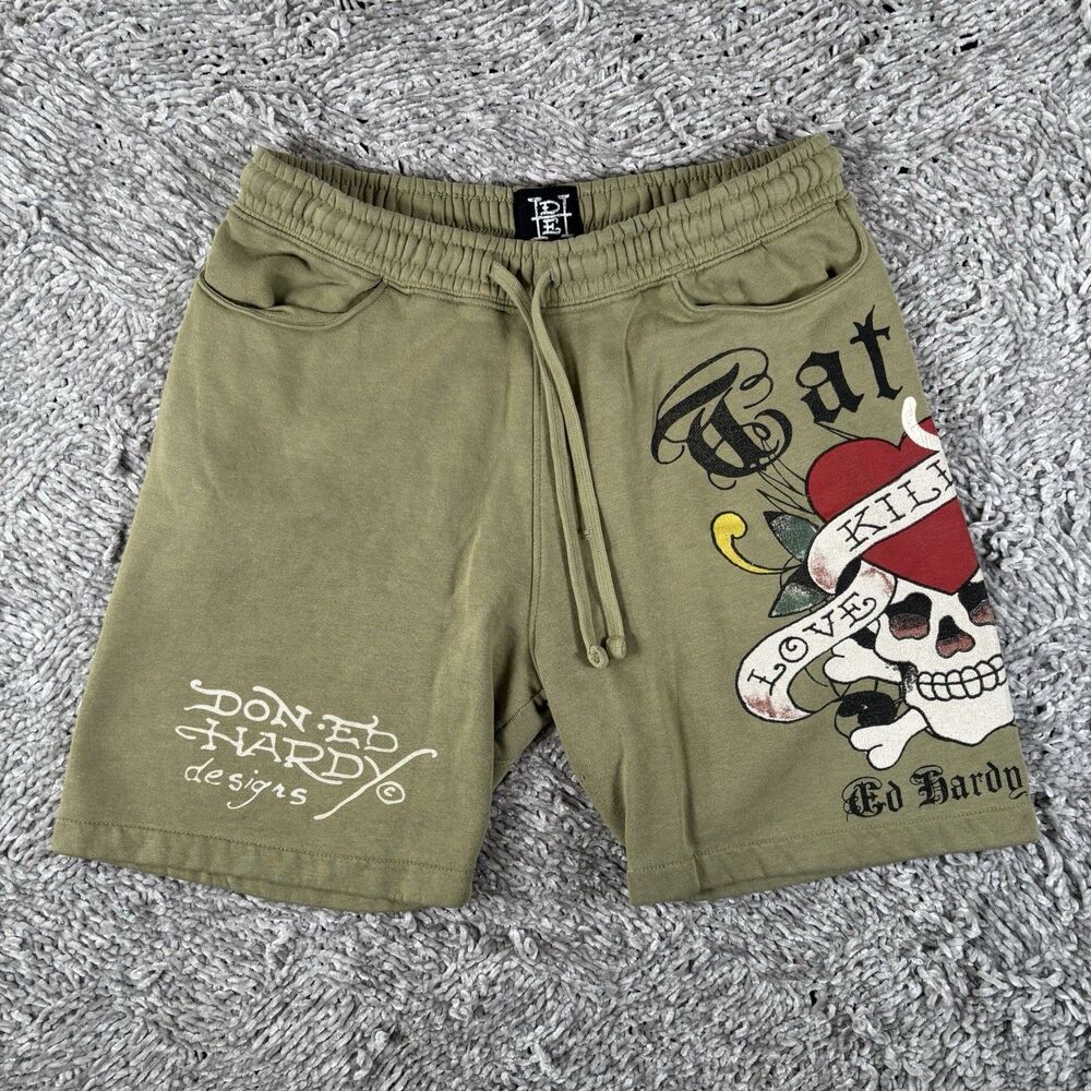 Ed Hardy Sweat Shorts Mens Small Activewear Green Drawstring Summer EHM8100-11